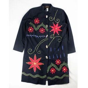Julia Kim Art To Wear Coat Womens L Black Embroidered Floral Whimsigoth Boho